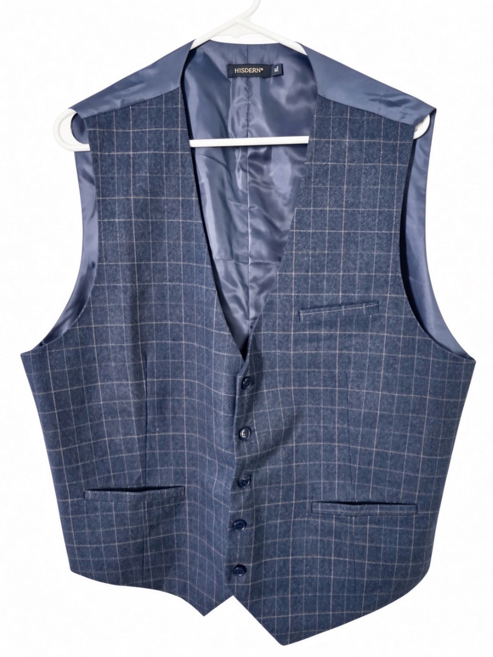 HISDERN XL Blue Windowpane Check Vest Men’s Formal 5 Button $20